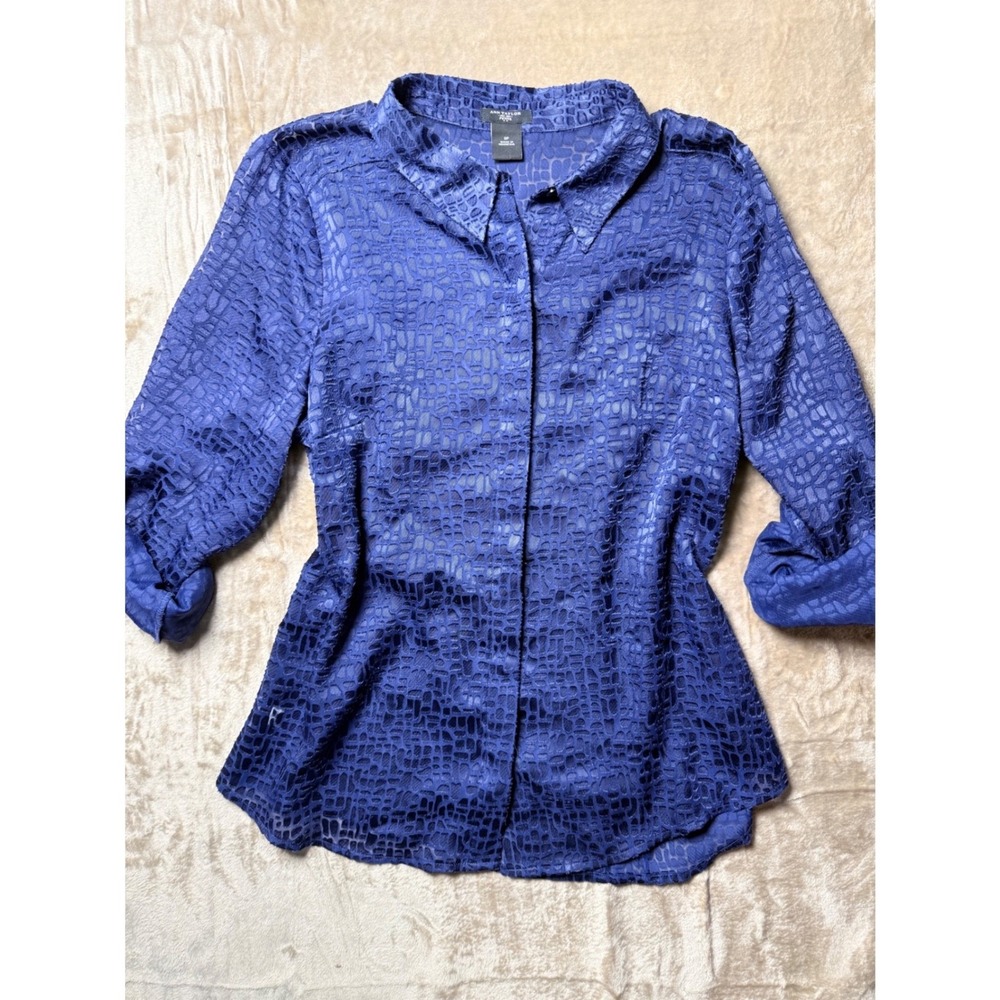 Ann Taylor Petite Royal Blue Burnout Textured Button Down Blouse Sheer Size 8P